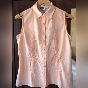 Irish Linen 100% Peach Pink Sleeveless Blouse Button Down Embroidered Medium